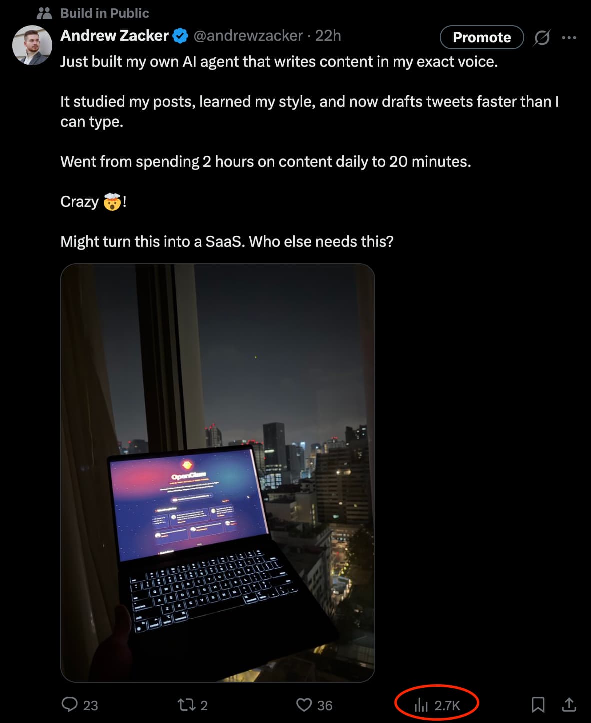 Tweet with 2.7K views